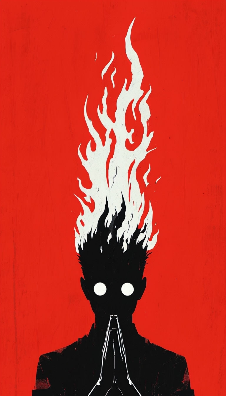 Minimalist Black Silhouette with White Flames on Red T-Shirt