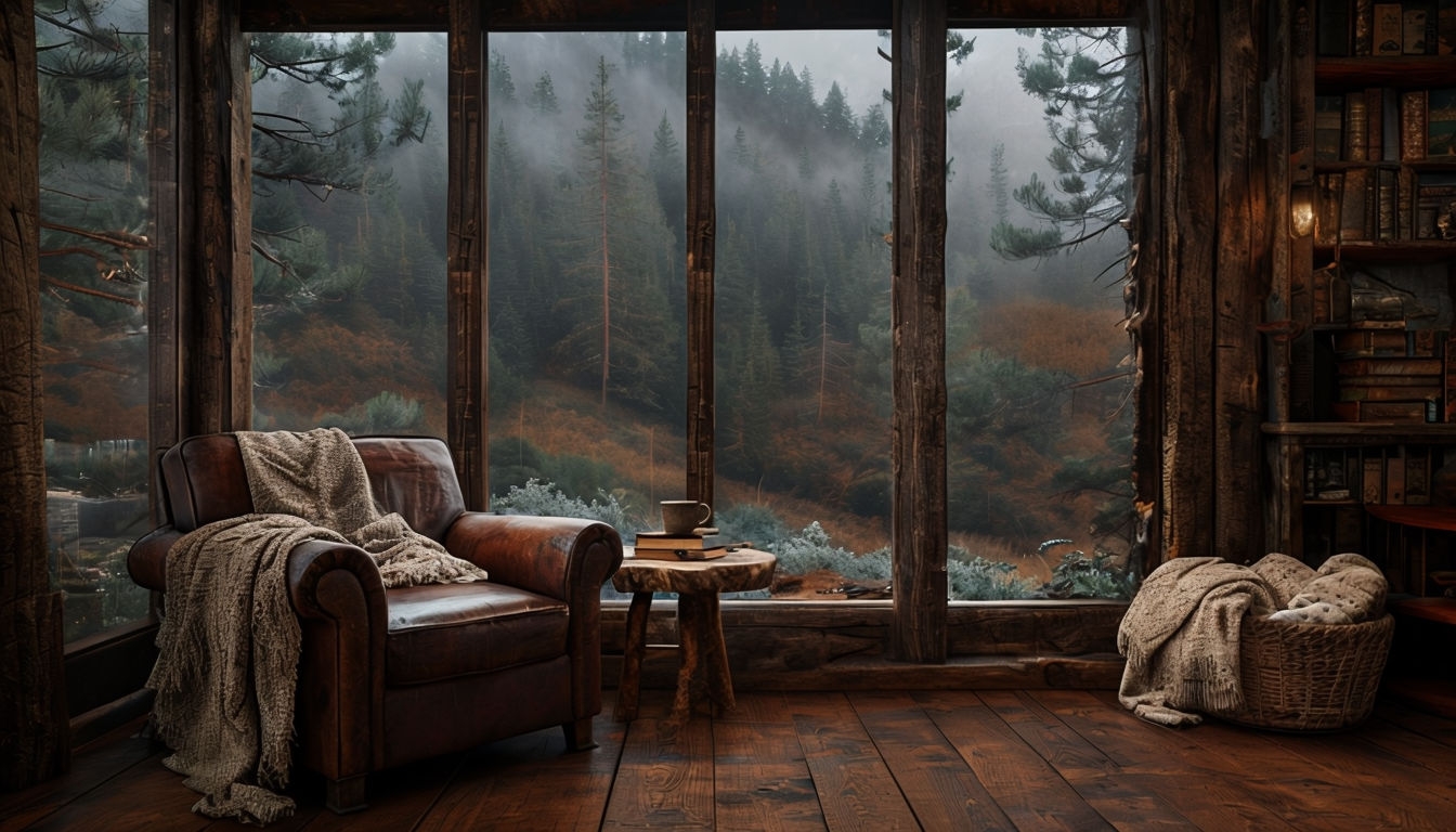 Warm Rustic Leather Armchair with Forest View Background