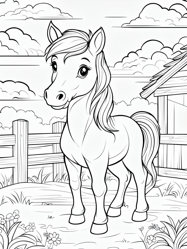 Adorable Cartoon Horse in Pastoral Scene Coloring Book Page