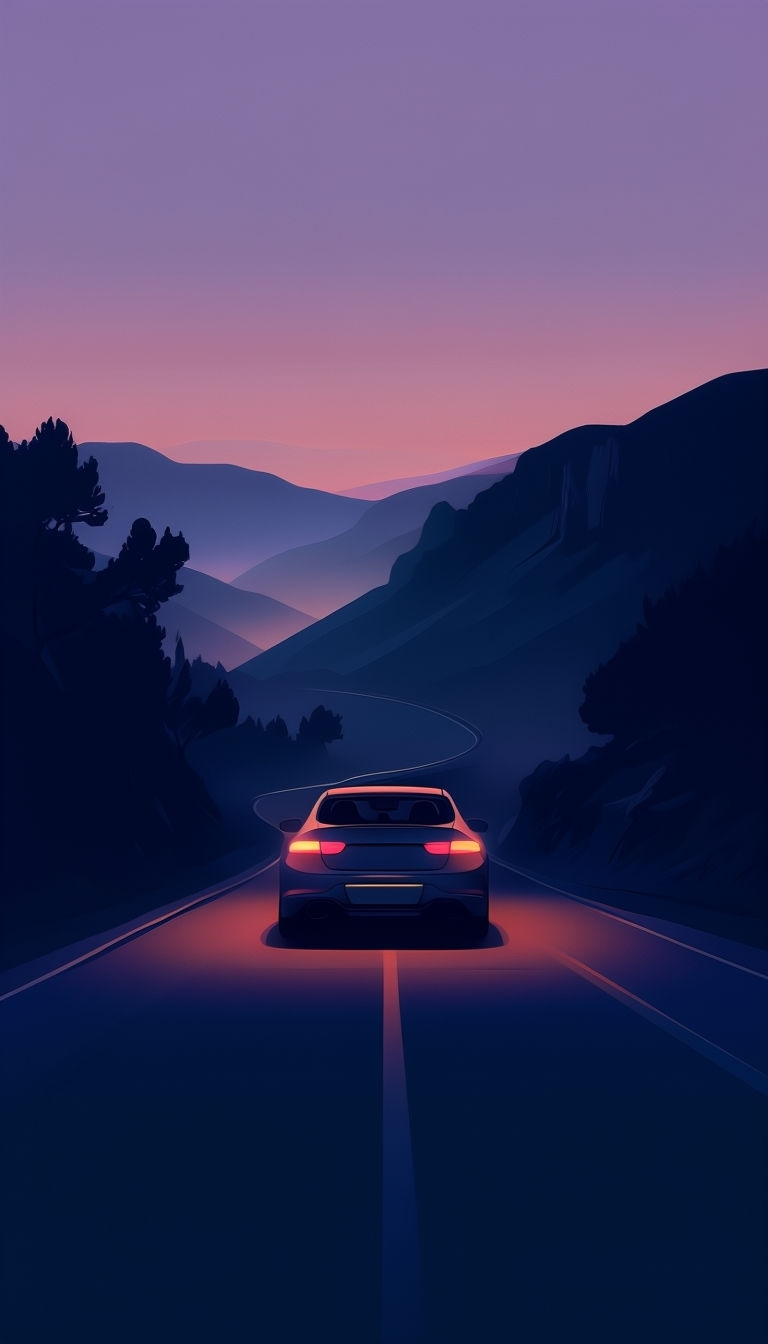Tranquil Night Drive Car Illustration with Scenic Landscape Mobile Wallpaper