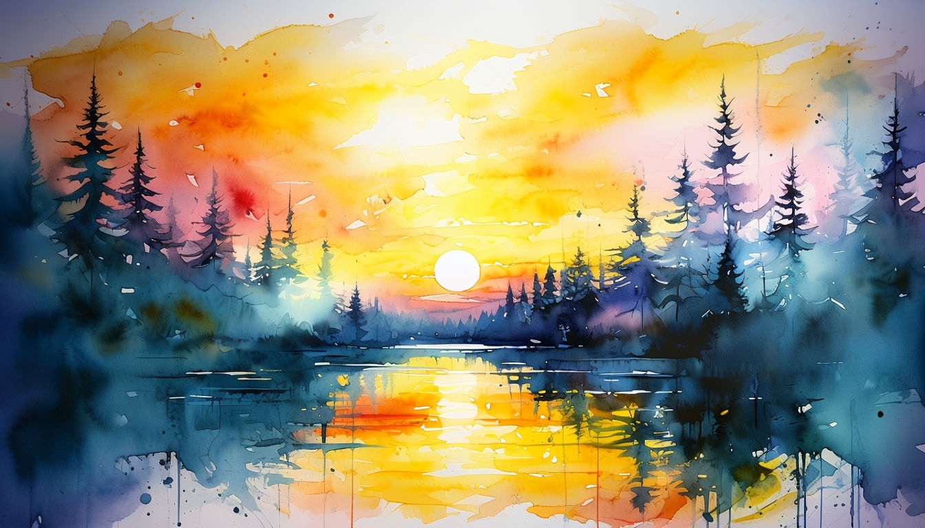 Ethereal Watercolor Sunset Landscape Virtual Background