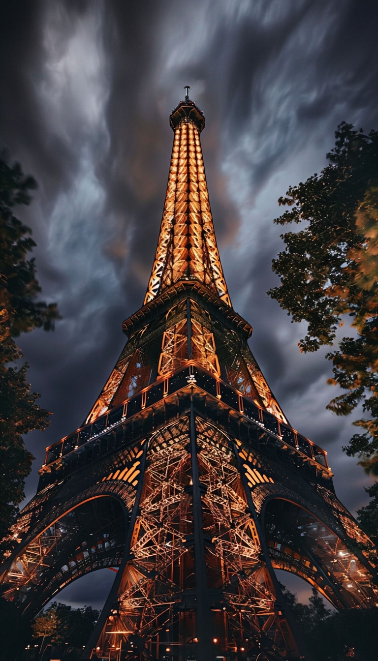 Dramatic Low-Light Eiffel Tower Photograph with Stormy Sky Mobile Wallpaper