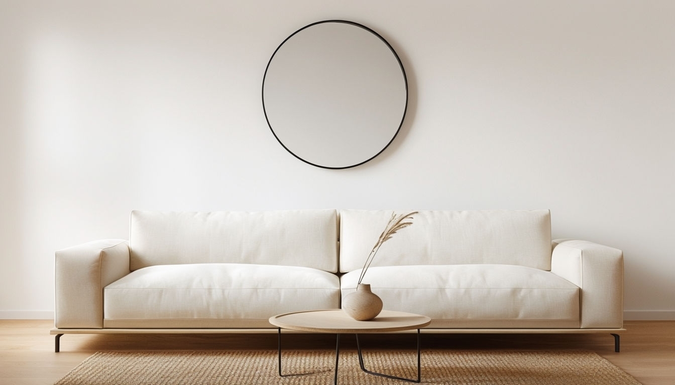 Minimalist Interior Scene with Off-White Linen Sofa Background