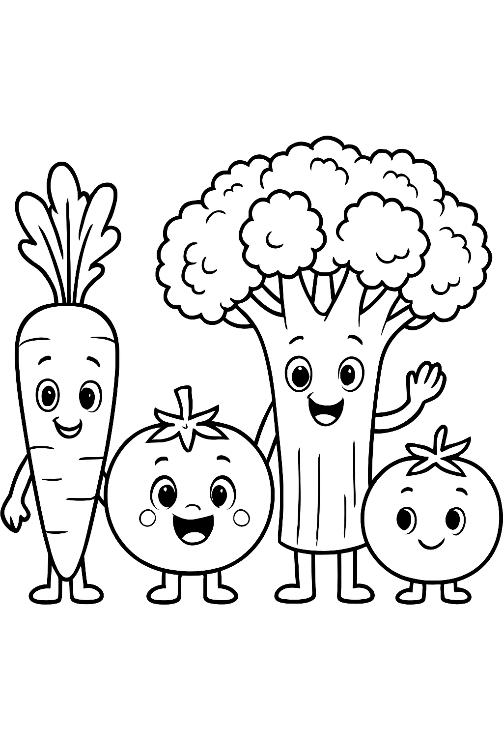 Friendly Cartoon Vegetable Characters Line Drawing Coloring Page