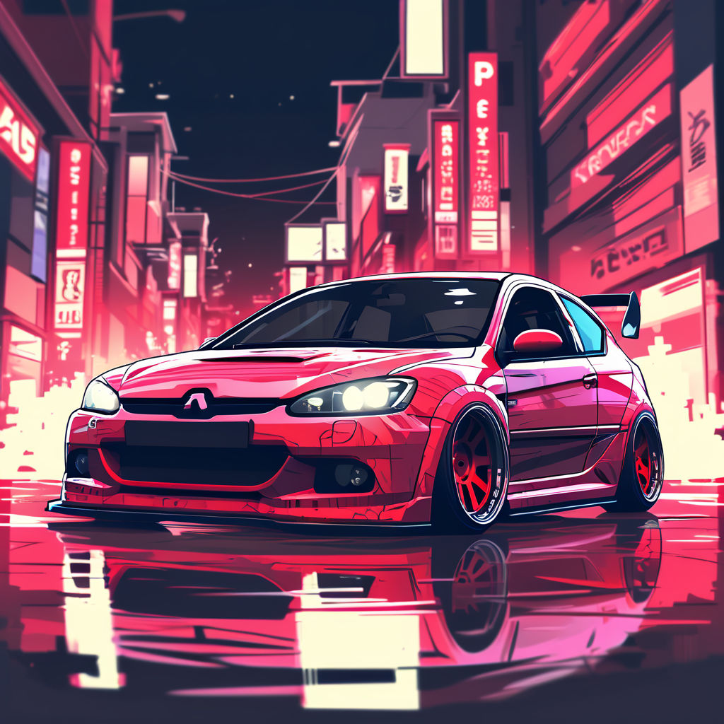 Cartoon old style 2d peugeot 206 gt red stance car neon with... by ...