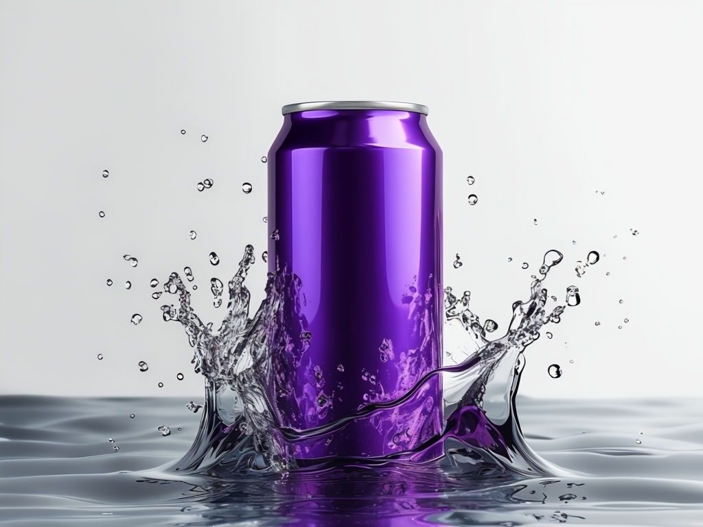 Sleek Purple Soda Can Splash Water Mockup Design