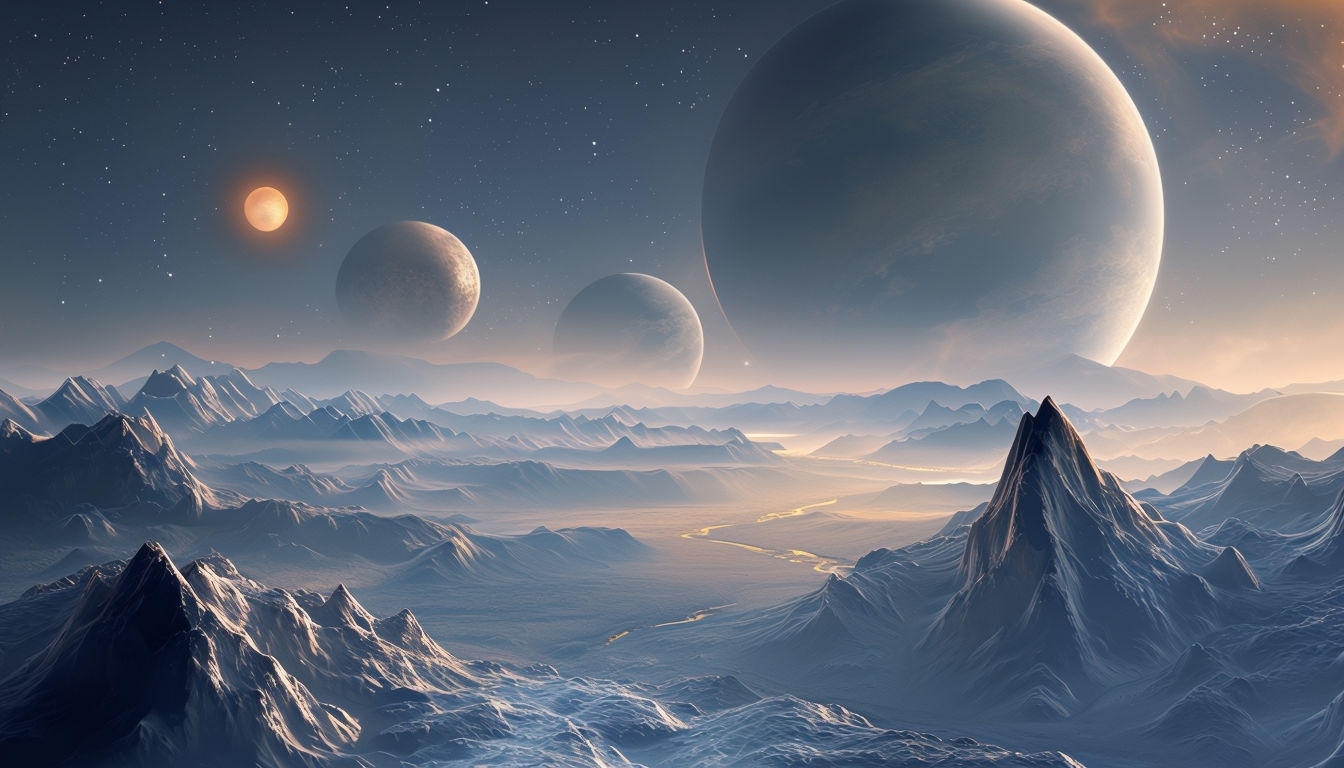 Tranquil Alien Landscape with Celestial Bodies Virtual Background