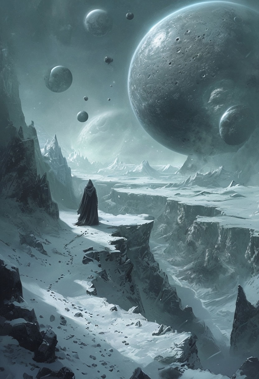 Eerie Fantasy Landscape with Cloaked Figure and Celestial Bodies Art