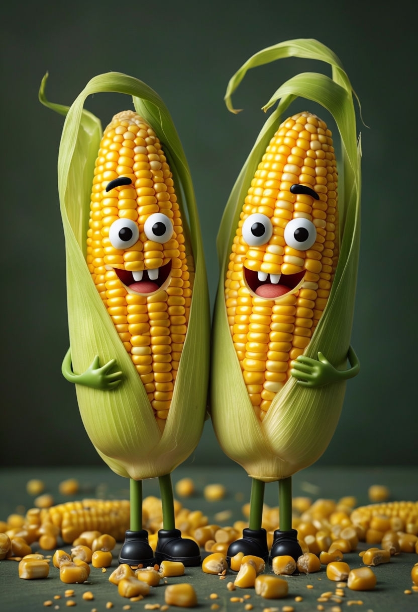 Cheerful Cartoon Corn Cobs Holding Hands Sticker