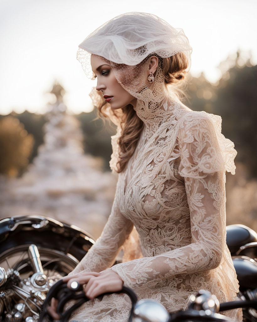 gray eyed girl in an off the shoulder white lace wedding dress rides a motorcycle toned abs Playground