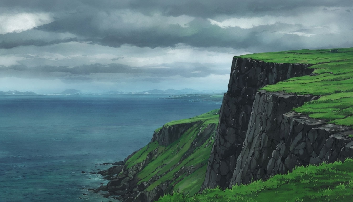 Dramatic Coastal Landscape Anime Art for Serene Virtual Backgrounds