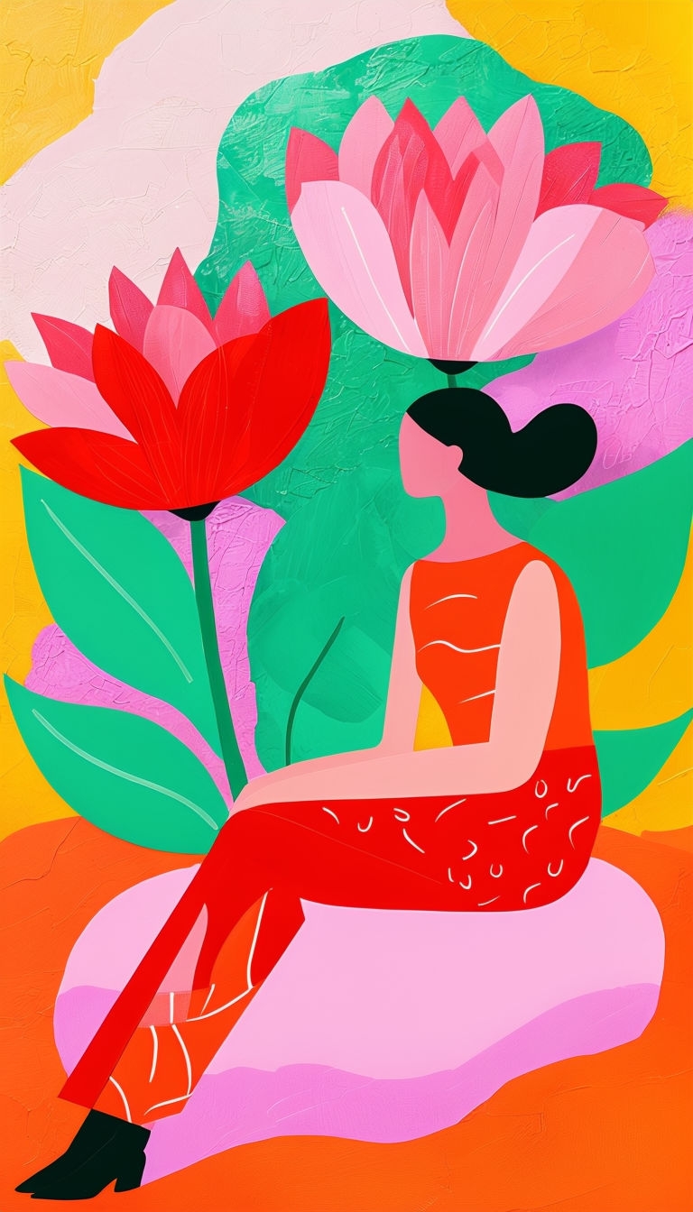 Stylized Colorful Human Figure in Vibrant Garden Illustration Art