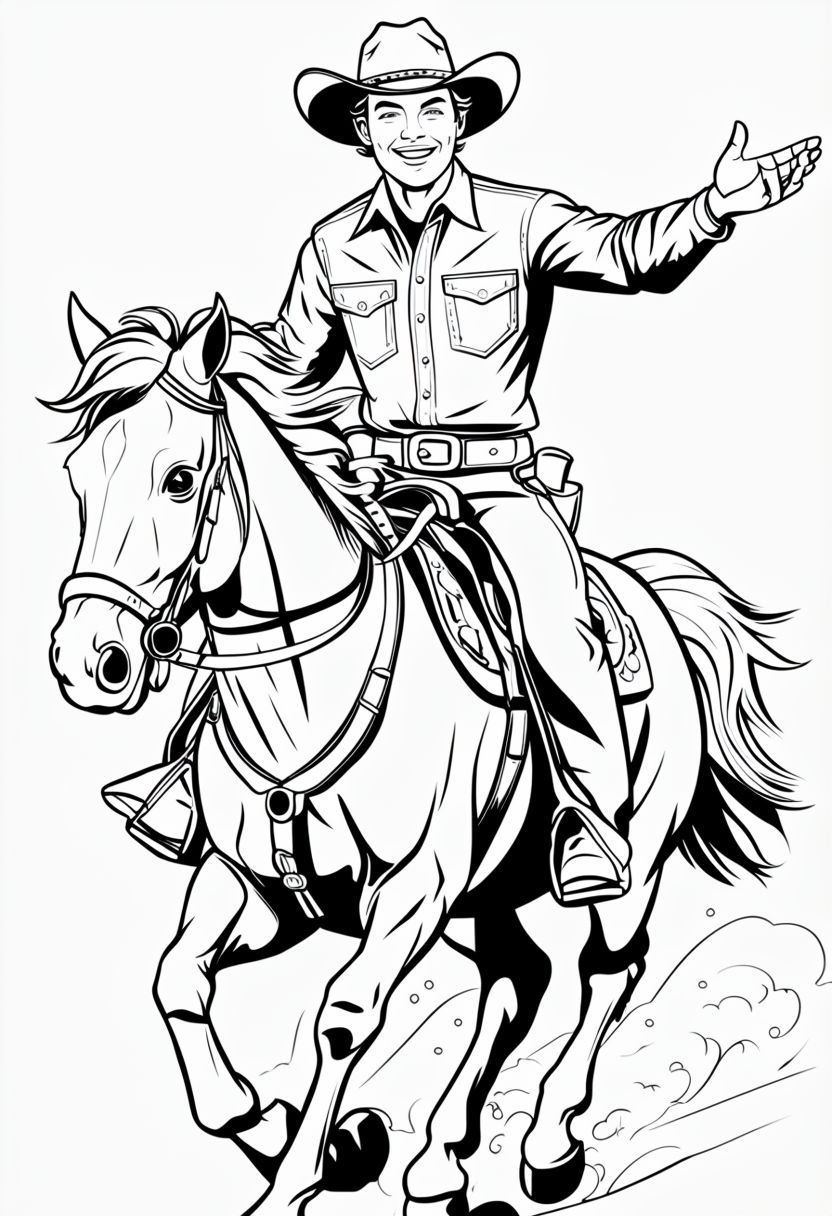 Cheerful Cowboy Riding Horse Coloring Book Page