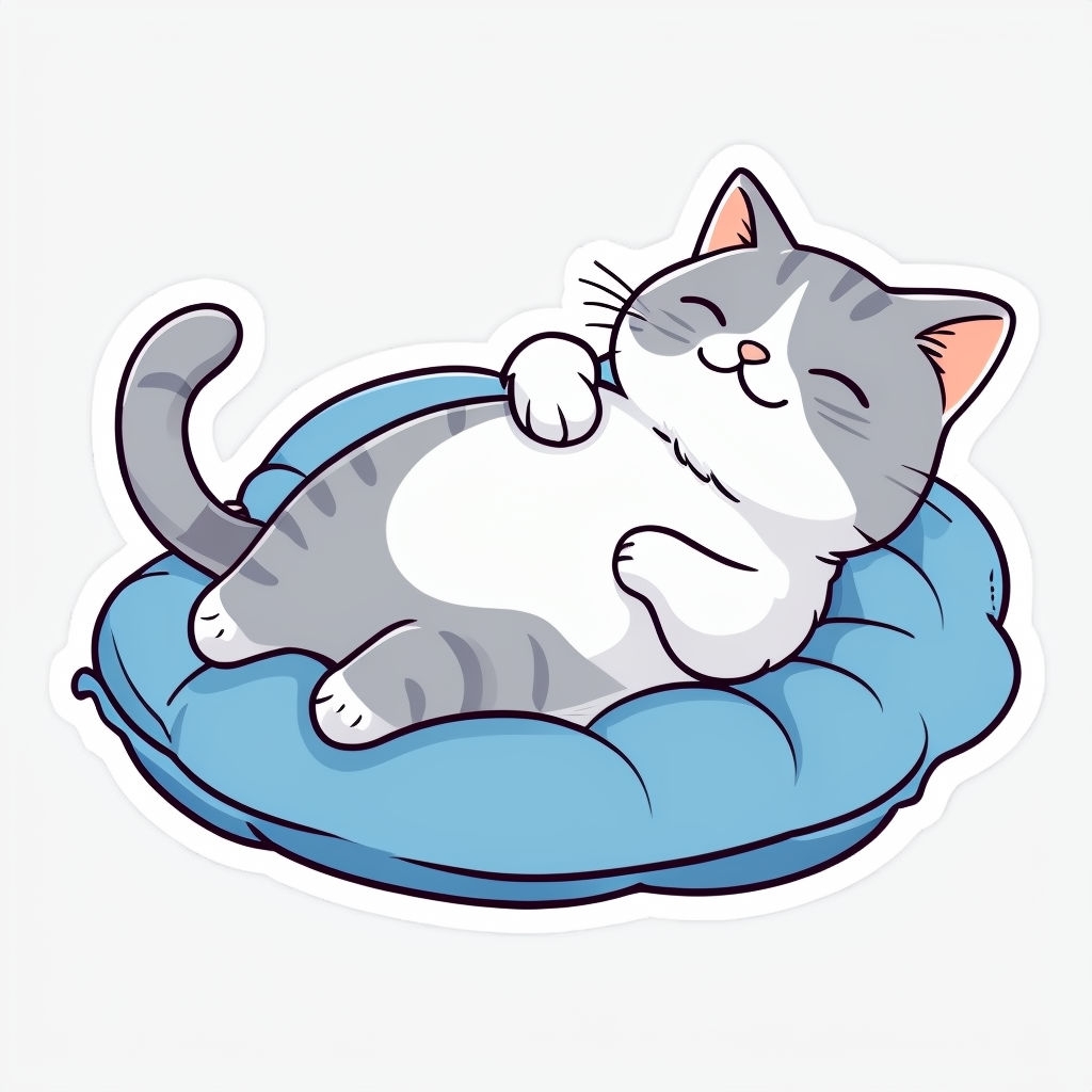 Cute Gray and White Cat Relaxing on Blue Cushion Sticker