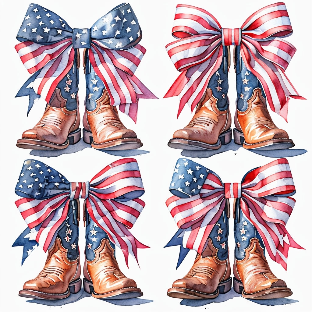 Patriotic Cowboy Boots and Bows Watercolor Seamless Pattern