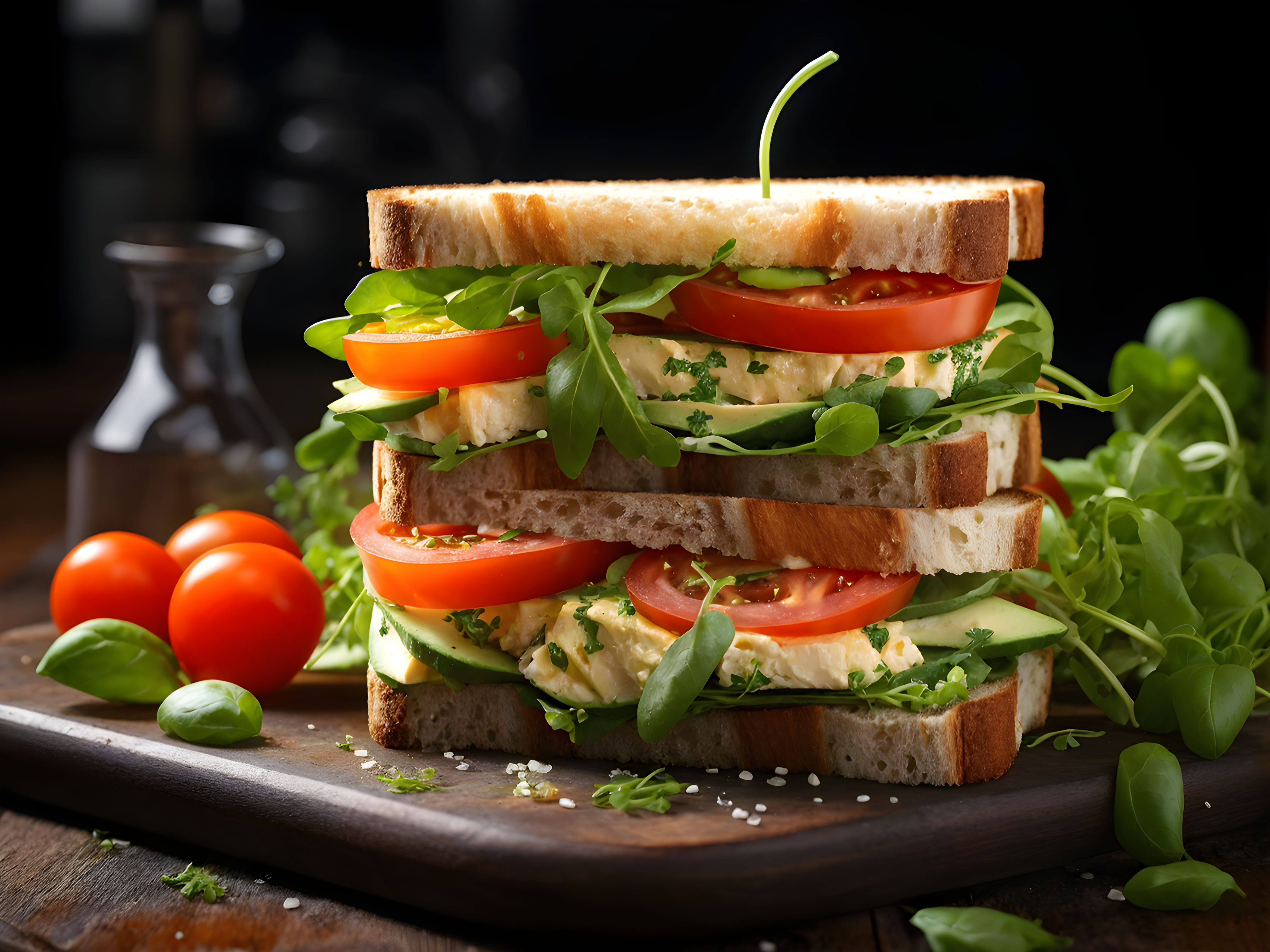 Prompt: Sandwich with watercress, tomatoes and avocado. The sandwich looks delicious and healthy, it is ideal for a light breakfast or lunch. ultra realistic, soft filter, soft realistic image, Highly Detailed Digital Artwork, 8k, photo realistic, insanely detailed, cinematic, Lush illumination, detailed