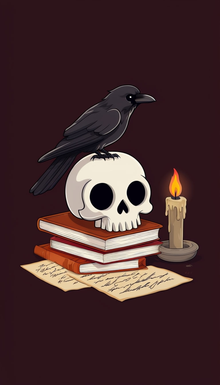 Eerie Cartoon Crow on Skull with Books and Candle Phone Case Cover