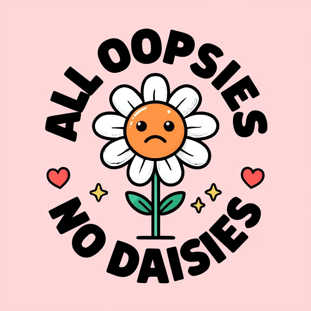 Playful Sad Daisy Cartoon with All Oopsies No Daisies Sticker