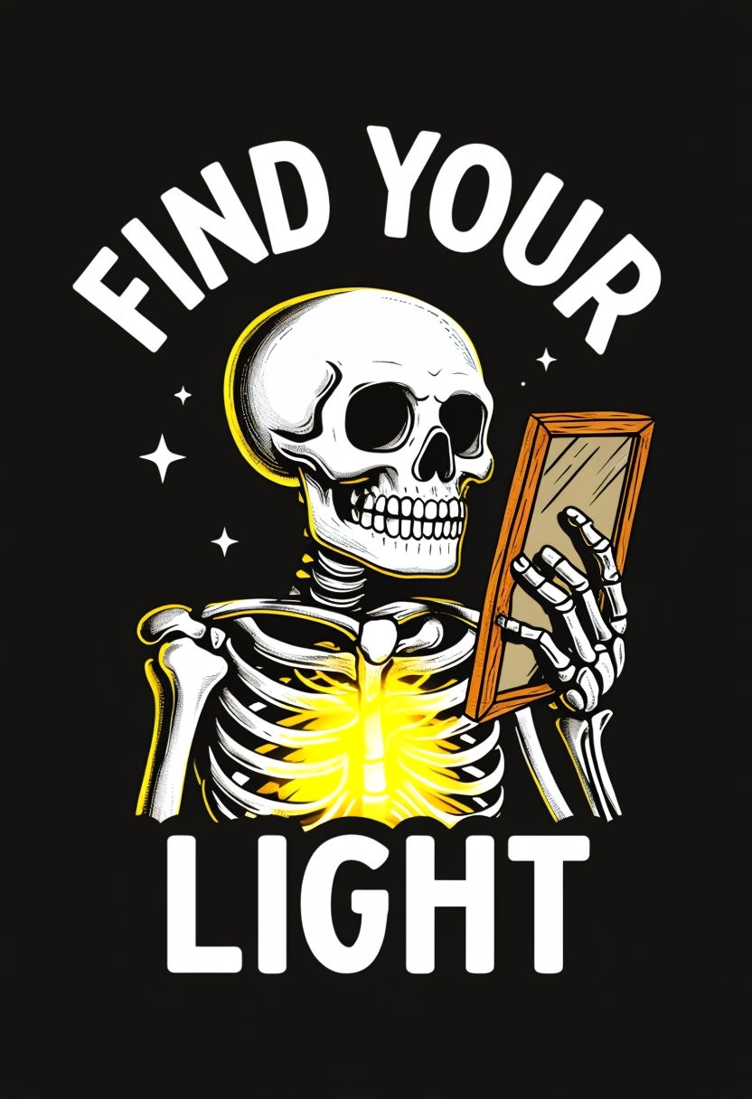 Cartoon Skeleton Holding Mirror with 'Find Your Light' T-Shirt