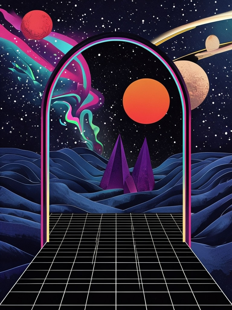 Surreal Retro-Futuristic Space Gateway Digital Art Mobile Wallpaper