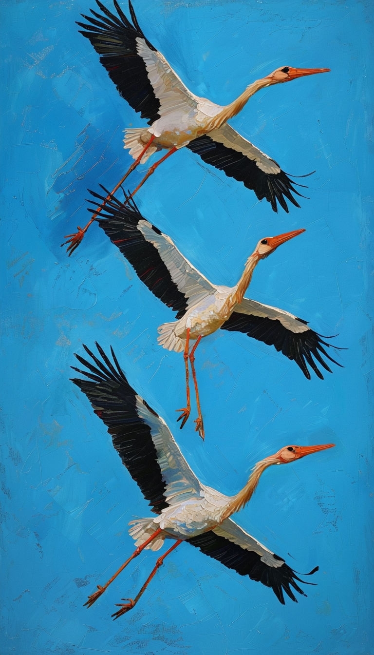 Elegant Storks in Flight Against a Blue Sky Oil Painting Mobile Wallpaper