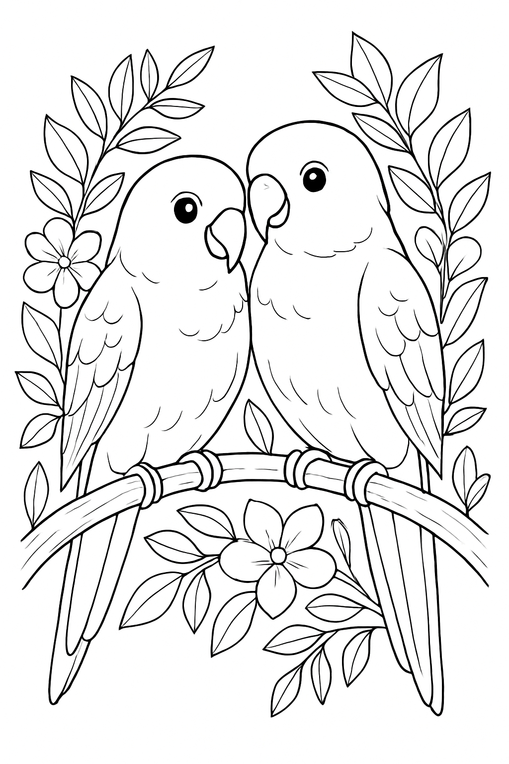 Charming Parakeets and Floral Branch Line Art Coloring Page
