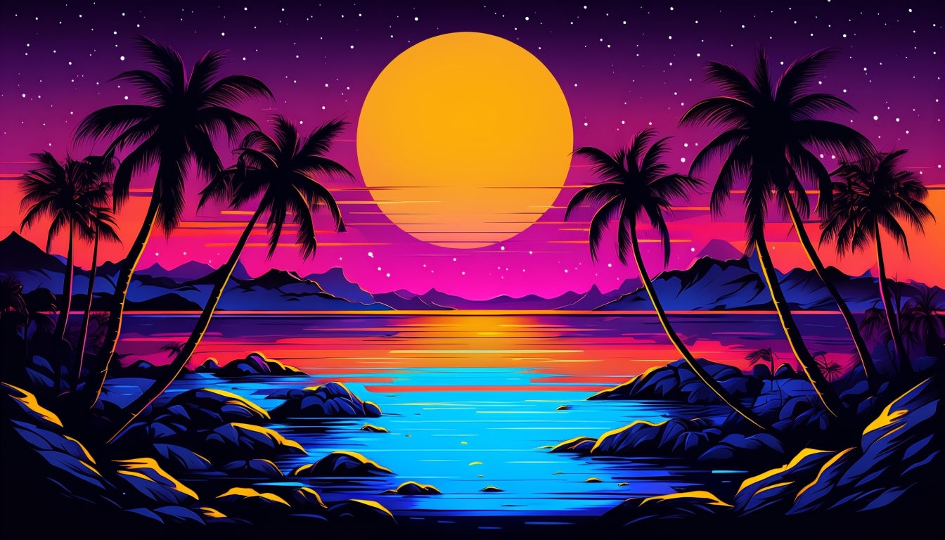 Vibrant Retro Tropical Night Landscape Digital Background