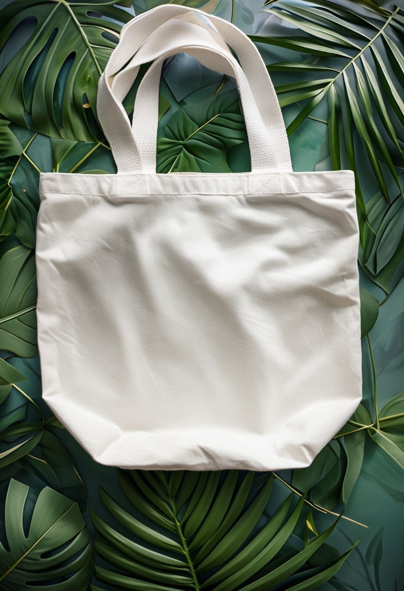 Photorealistic White Canvas Tote Bag on Tropical Leaves Mockup