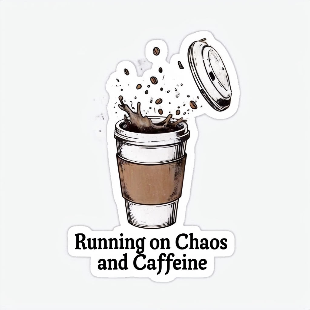 Chaotic Coffee Cup Sticker with "Running on Chaos and Caffeine"