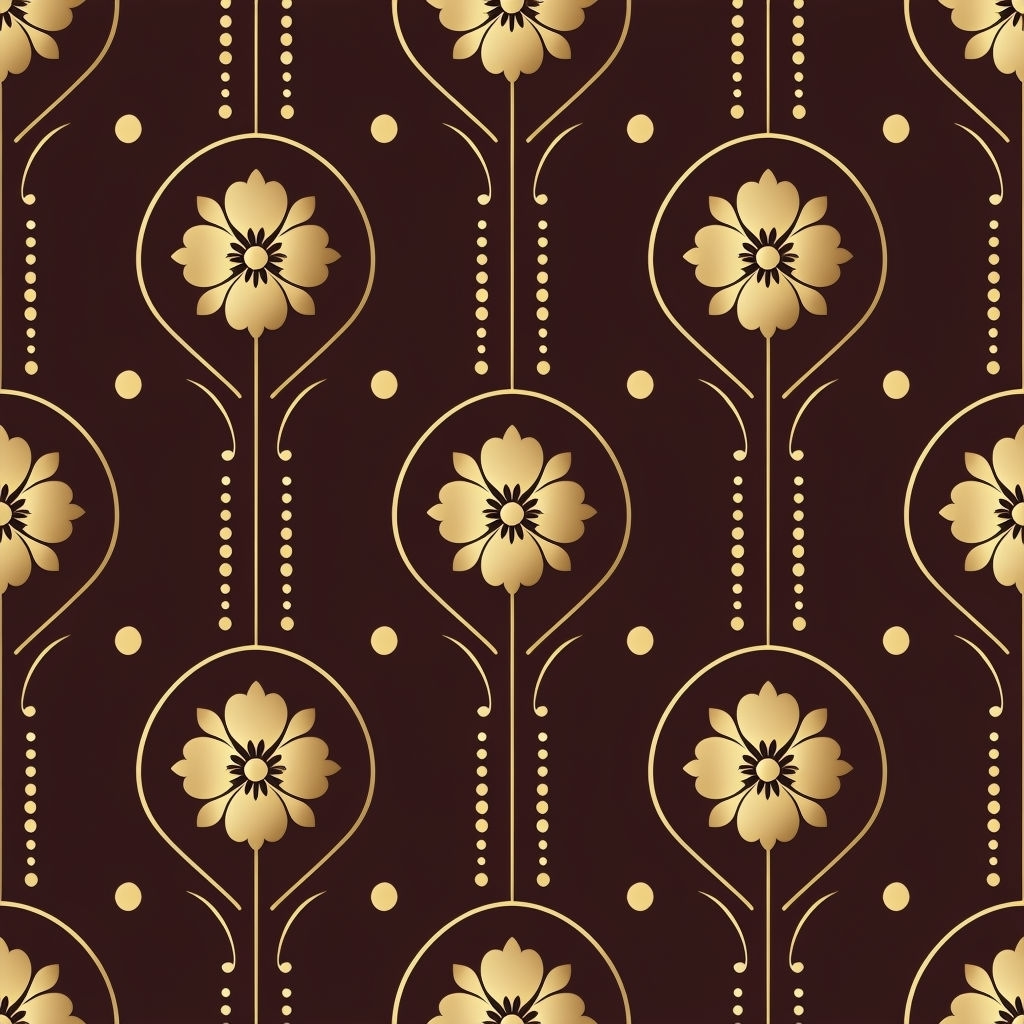 Elegant Gold Floral Symmetrical Pattern on Dark Brown Background Seamless Pattern