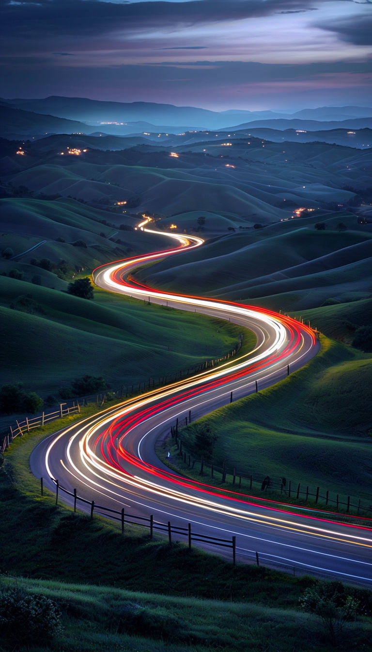 Tranquil Countryside Landscape with Glowing Light Trails Wallpaper