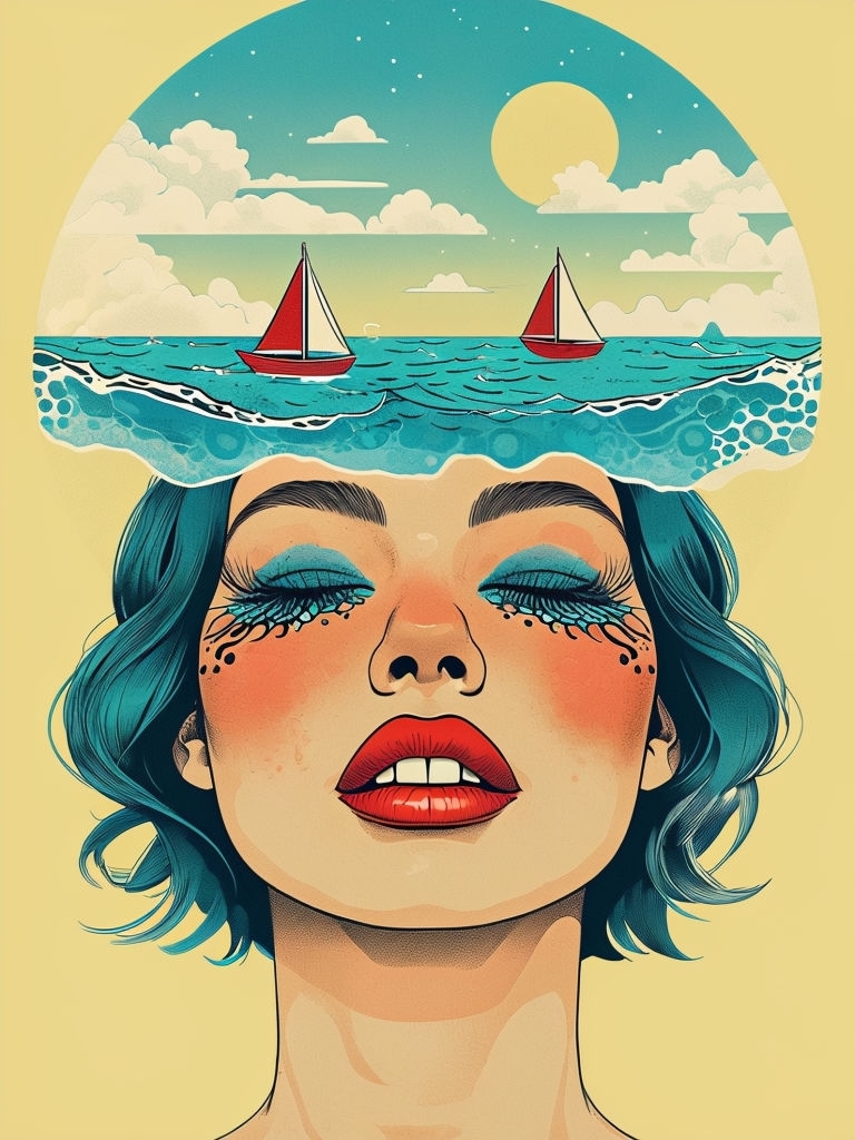 Surreal Oceanic Woman's Face with Sailboats and Clouds Art