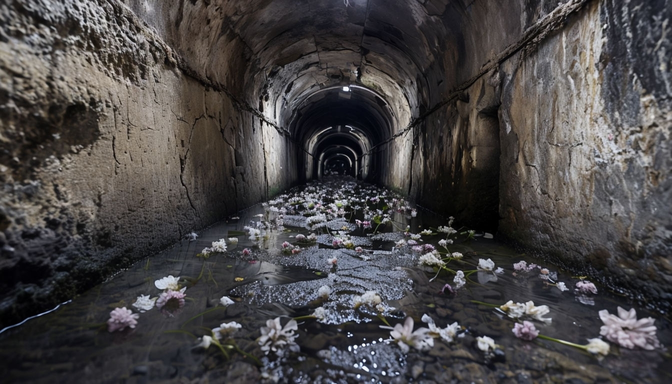 Serene Stone Tunnel Reflection with Floating Flowers Background
