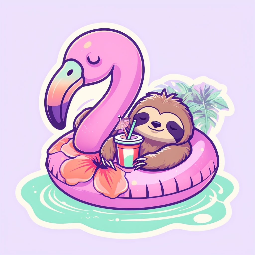 Playful Sloth on Flamingo Float Cartoon Illustration Sticker