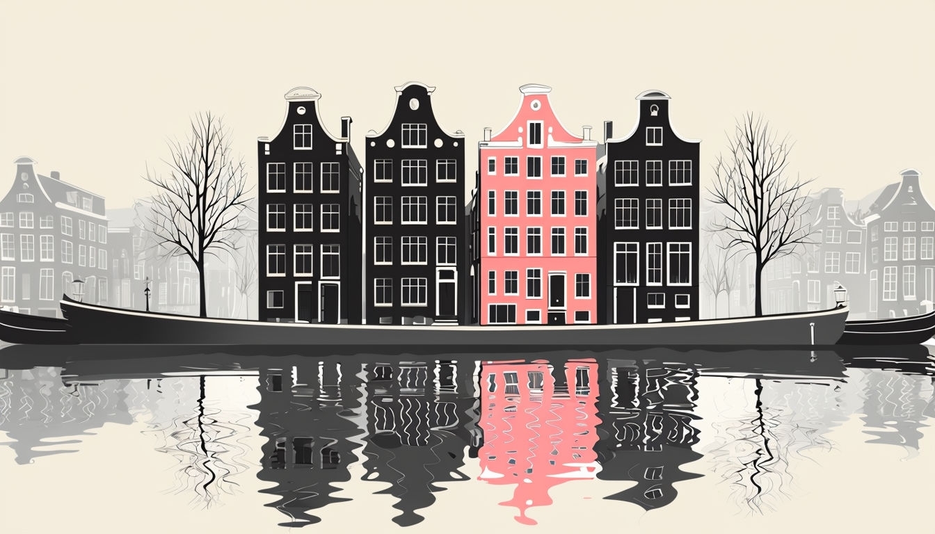Minimalist Pastel Pink European Houses Line Drawing Background