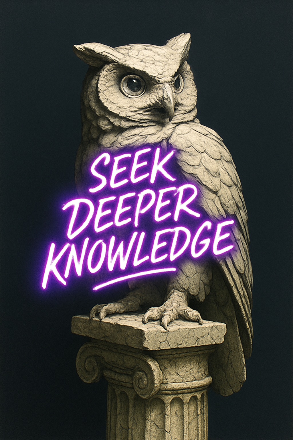 Owl Sculpture with Neon 'Seek Deeper Knowledge' Poster
