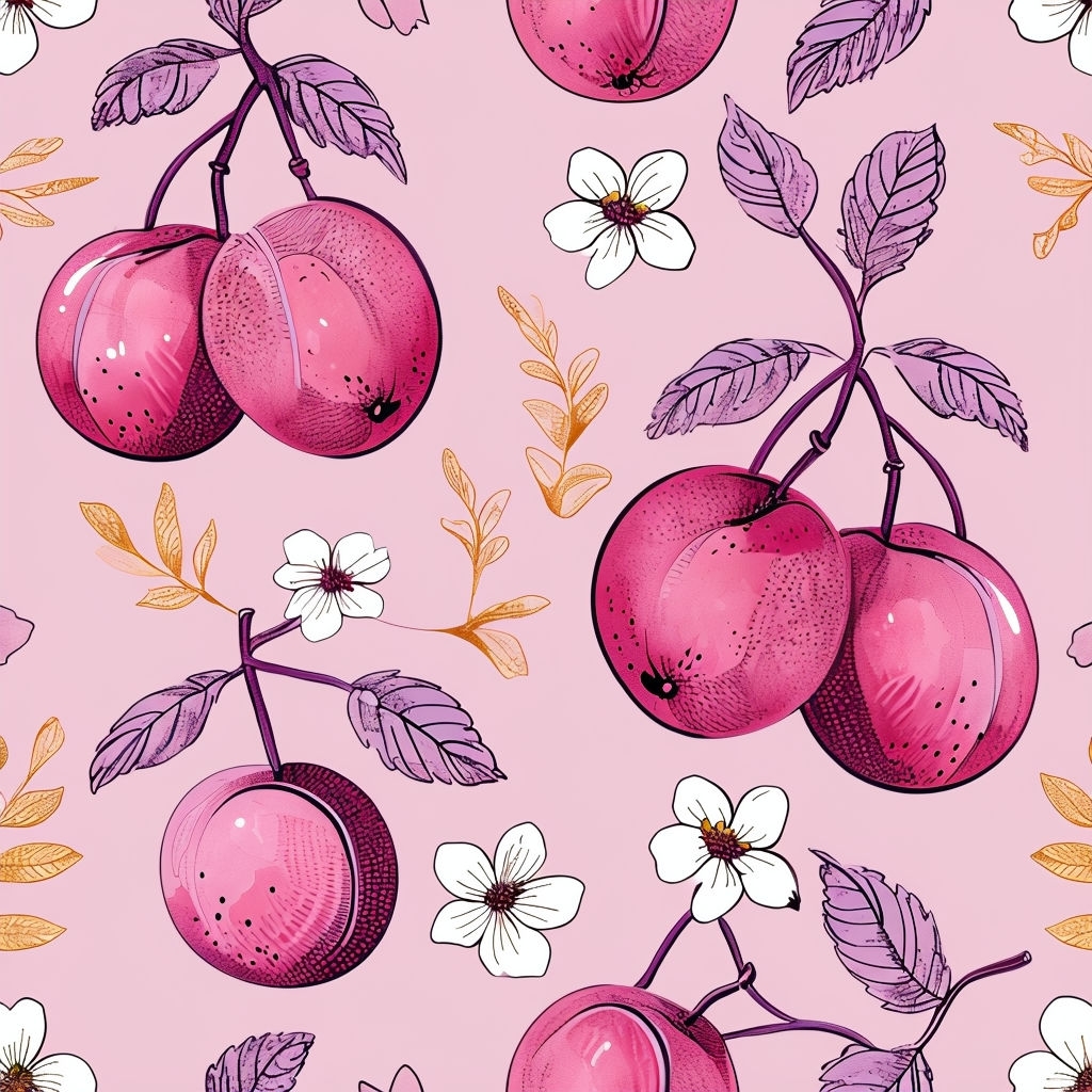 Whimsical Botanical Seamless Pattern with Plums and Flowers