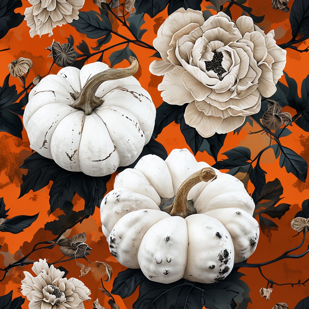 Eerie Elegant White Pumpkins and Flowers Seamless Pattern