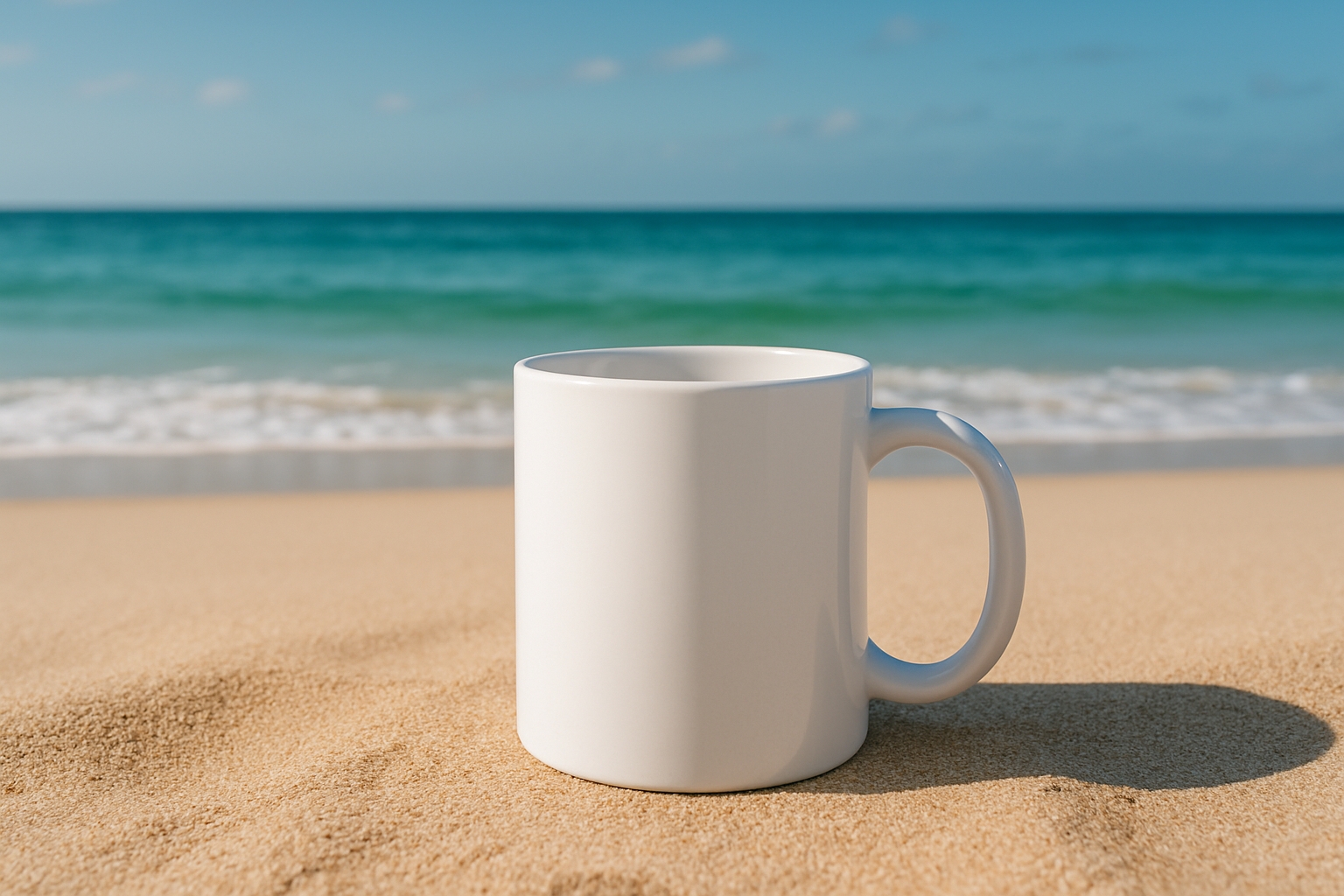 Serene Beach Scene with White Ceramic Mug Mockup