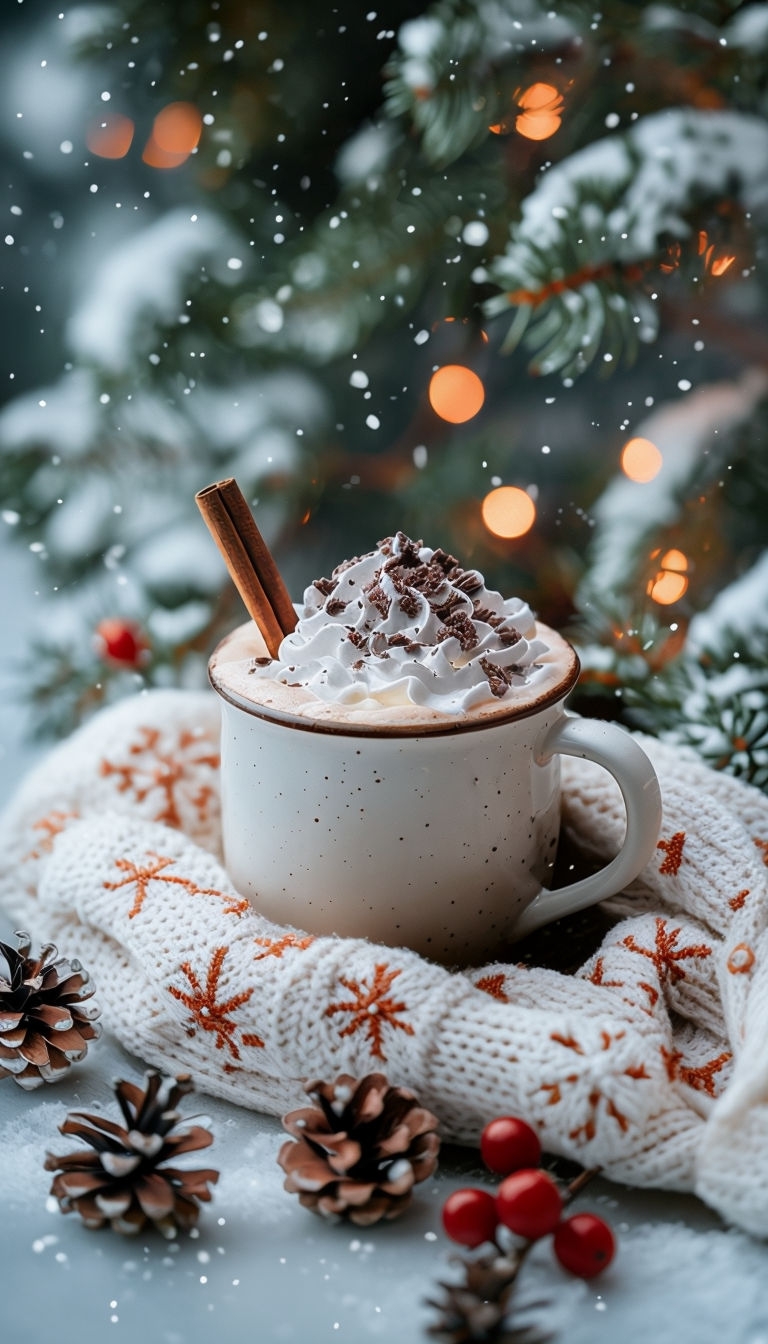 Cozy Winter Mug with Whipped Cream and Pine Cones Scene Wallpaper