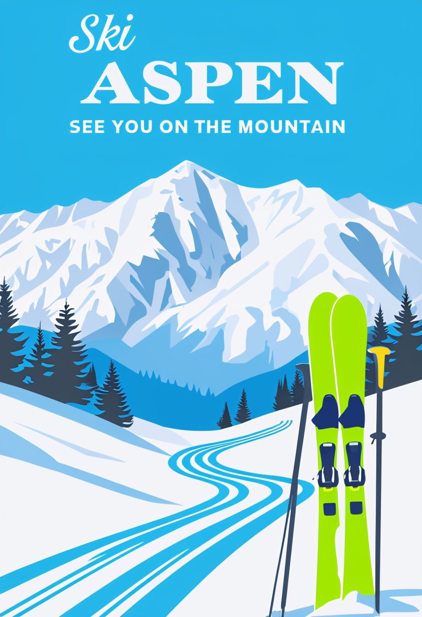 Vibrant Minimalist Aspen Ski Resort Travel Poster