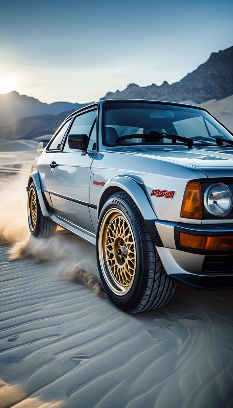 Sleek Classic Audi Quattro Car Close-Up in Desert Landscape Mobile Wallpaper