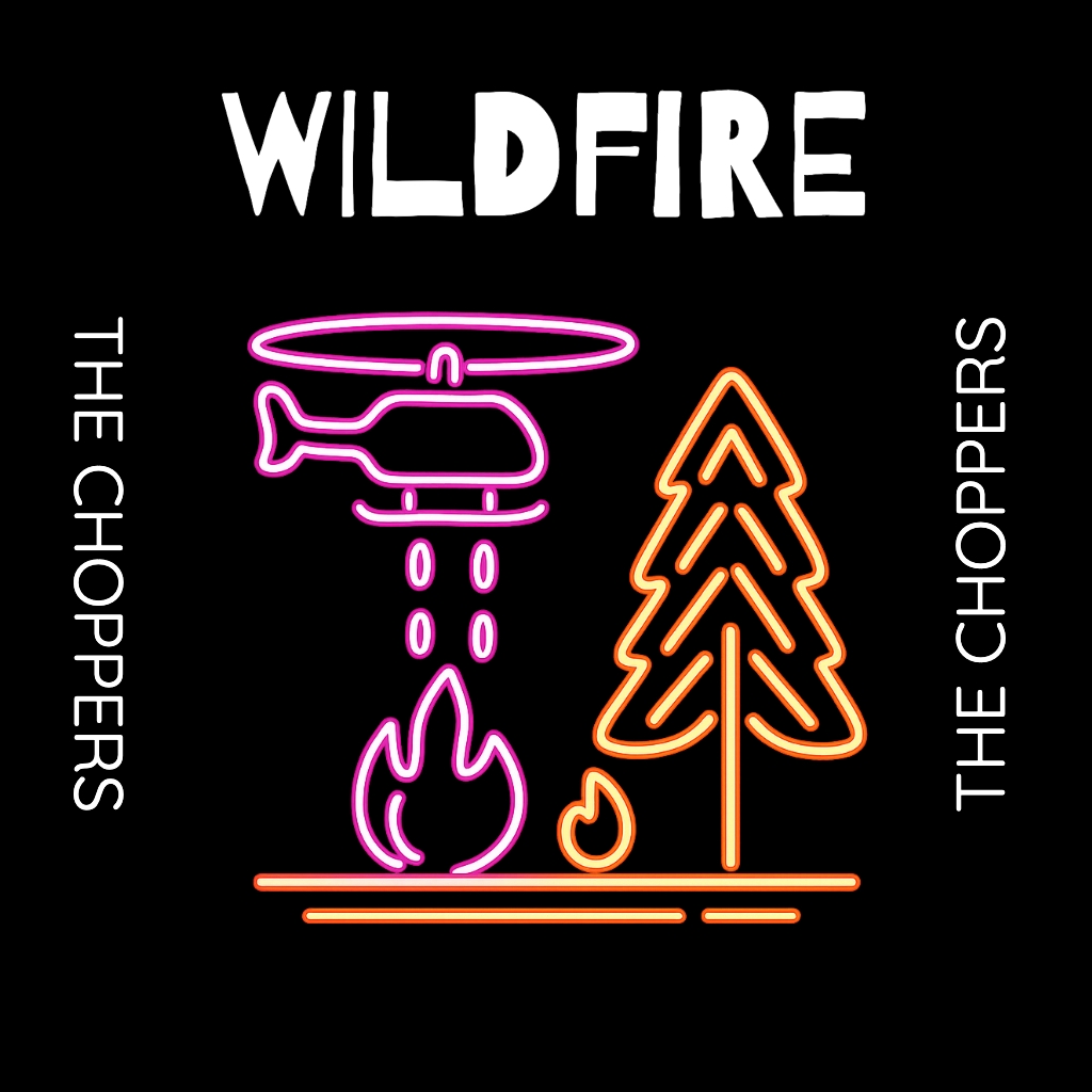 Dynamic Neon Wildfire Scene with Helicopter and Flames Album Cover