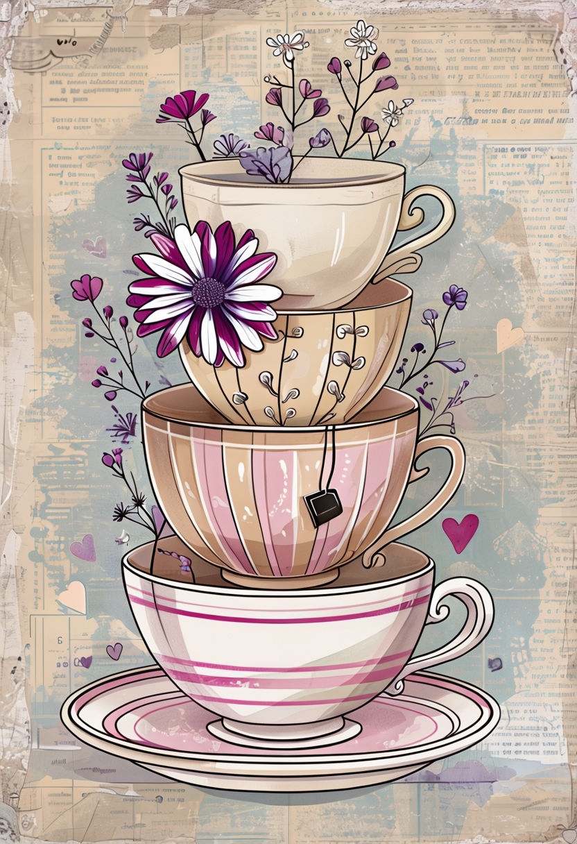 Whimsical Stacked Teacups with Floral Accents Art Poster