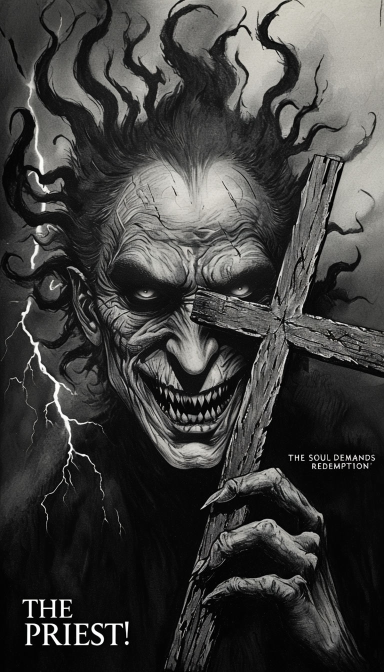 Sinister Horror Character Illustration with Monochromatic Lightning Poster