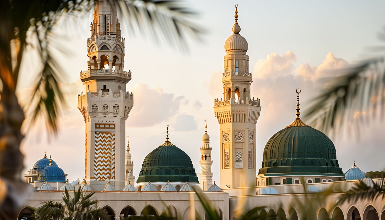 Serene Sunset View of the Prophet's Mosque in Medina Background