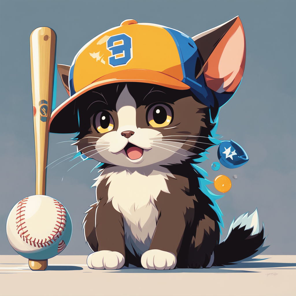 A baby tricolor cat cheering with a baseball bat in hand and... by 추현수 ...