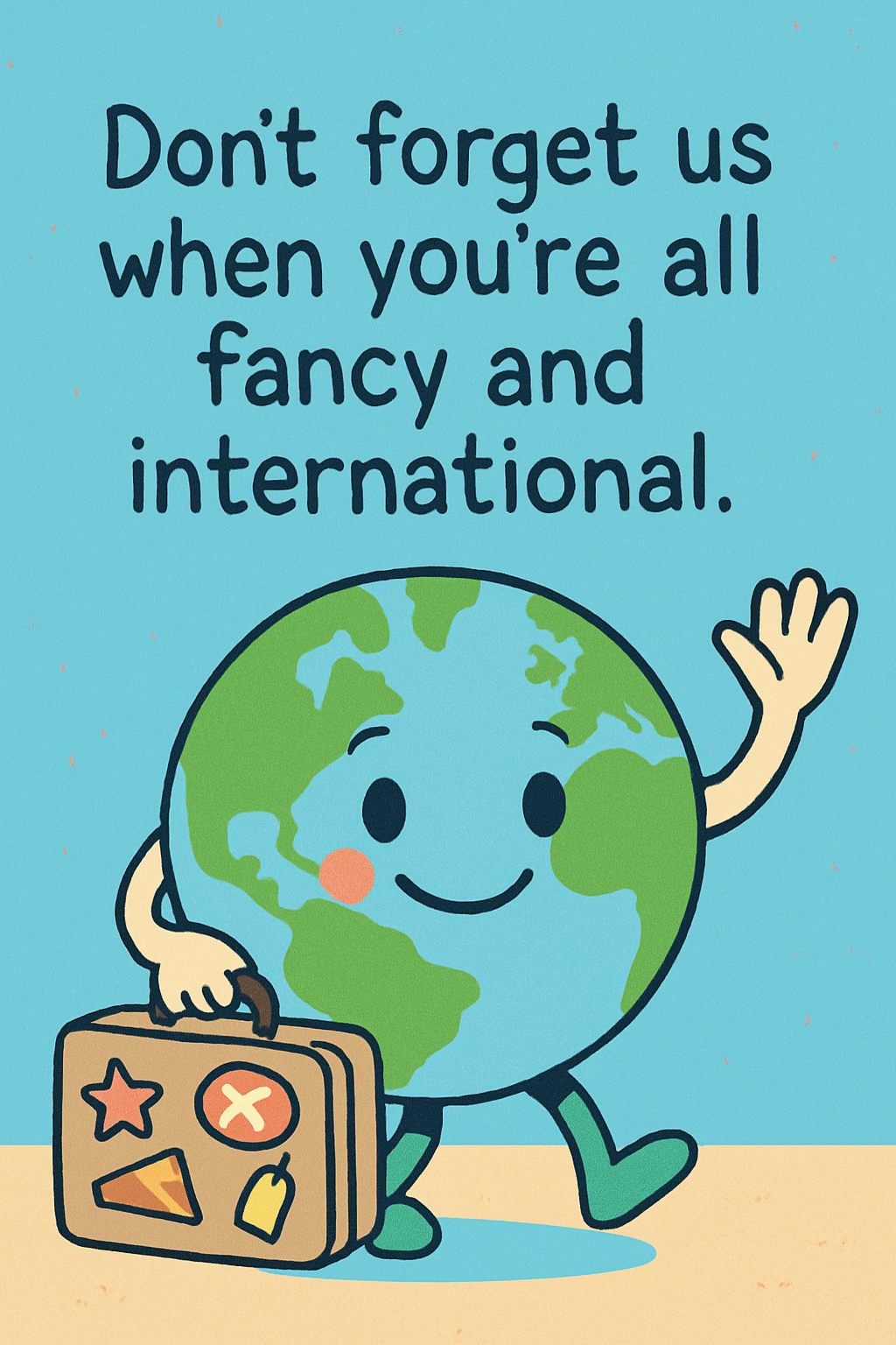 Cheerful Cartoon Earth Character with Waving Suitcase Invite Cards & Invites
