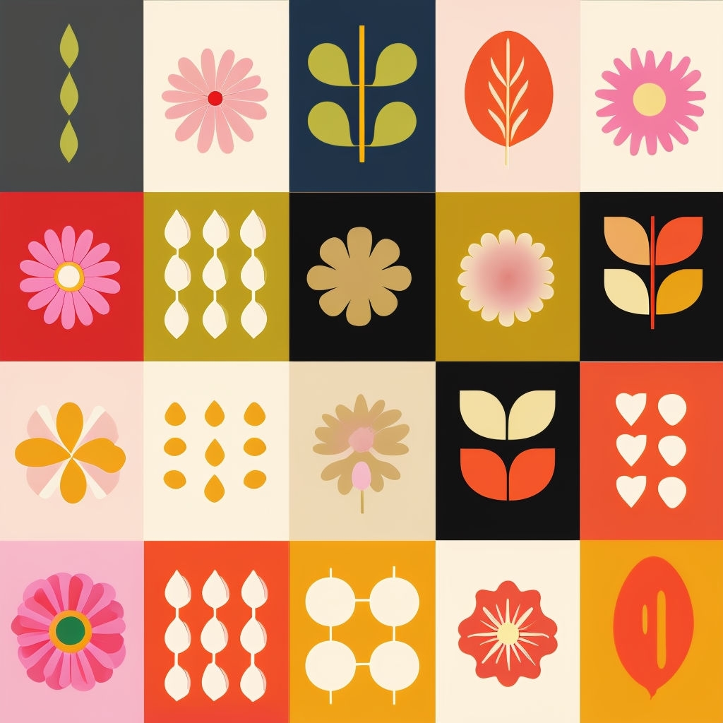 Vibrant Retro Floral Motifs in Geometric Grid Pattern Design Seamless Pattern