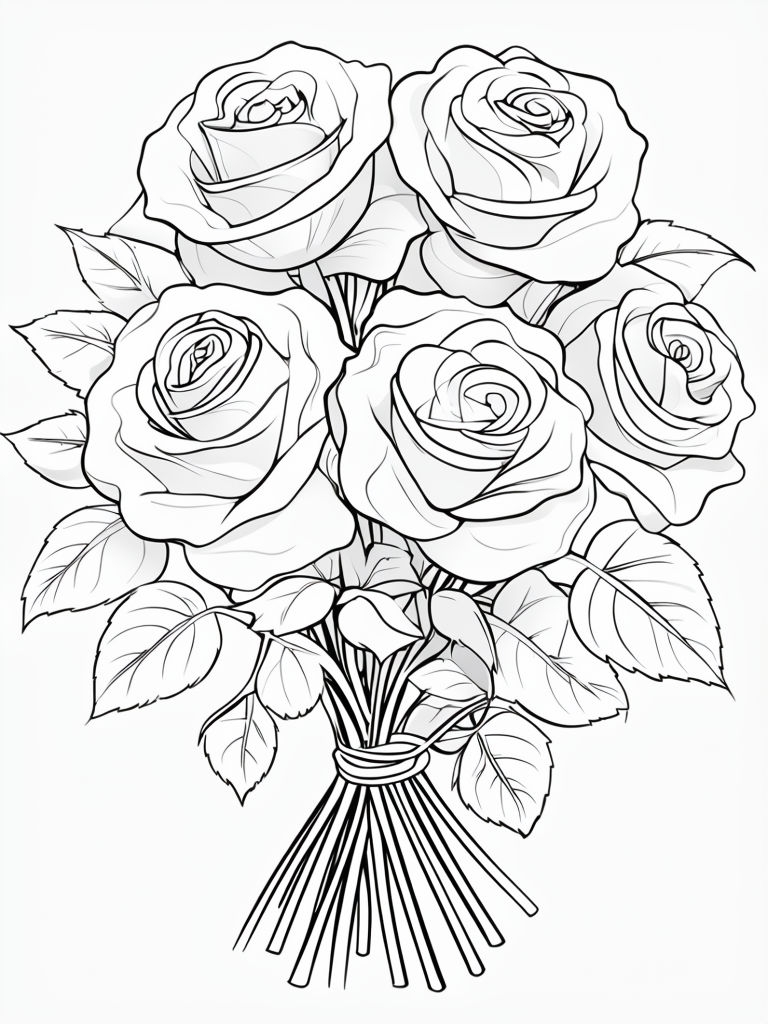 Elegant Black and White Floral Rose Bouquet Outline Coloring Page
